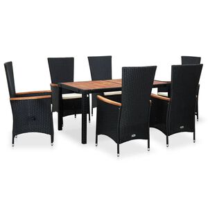 vidaXL Градински трапезен комплект, 7 части, полиратан, акация, черен