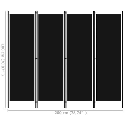 vidaXL Параван за стая, 4 панела, черен, 200x180 см