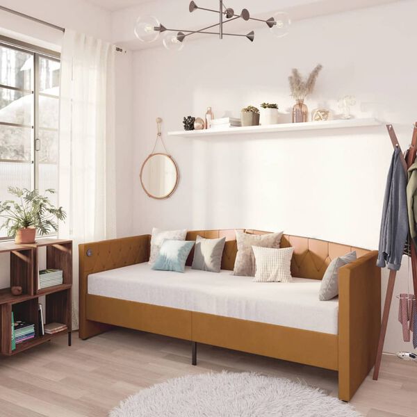 vidaXL Дневно легло с матрак, USB, кафяво кадифе, 90х200 см