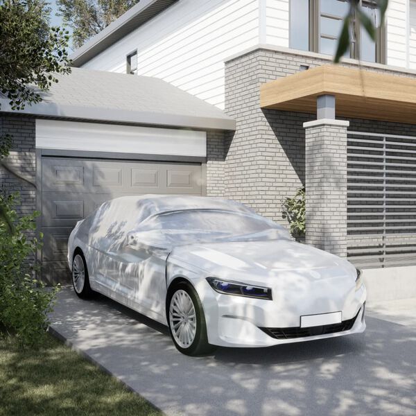 vidaXL Половин покривало за кола, с кукички, сребристо, XL, PEVA