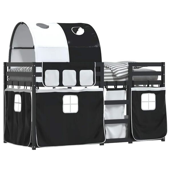 vidaXL Двуетажно легло със завеси, бяло и черно, 90x190 см, бор масив