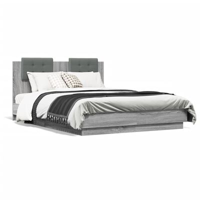vidaXL Рамка за легло с табла и LED осветление, сив сонома, 140x190 см