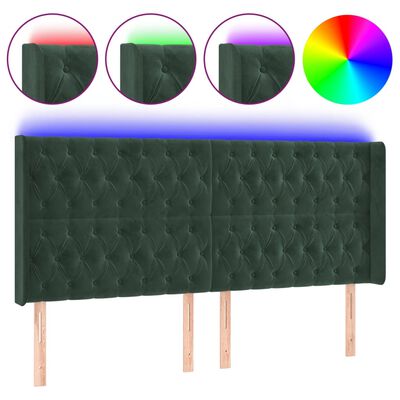 vidaXL LED горна табла за легло, тъмнозелена, 203x16x118/128см, кадифе