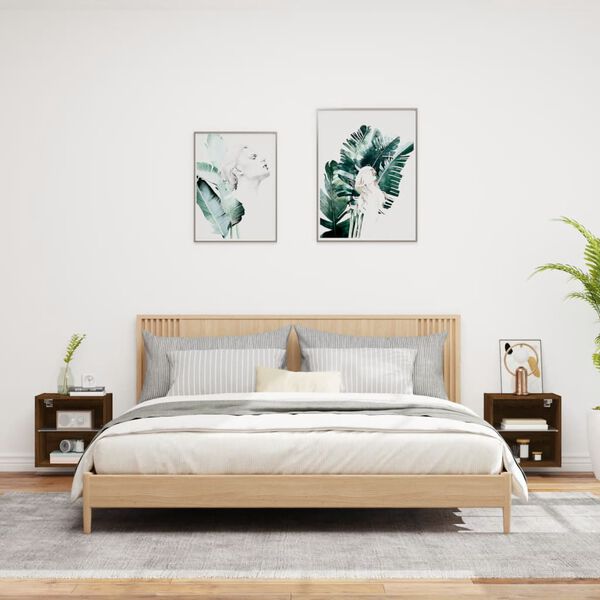 vidaXL Нощни шкафчета с LED осветление, стенен монтаж, 2 бр, кафяв дъб