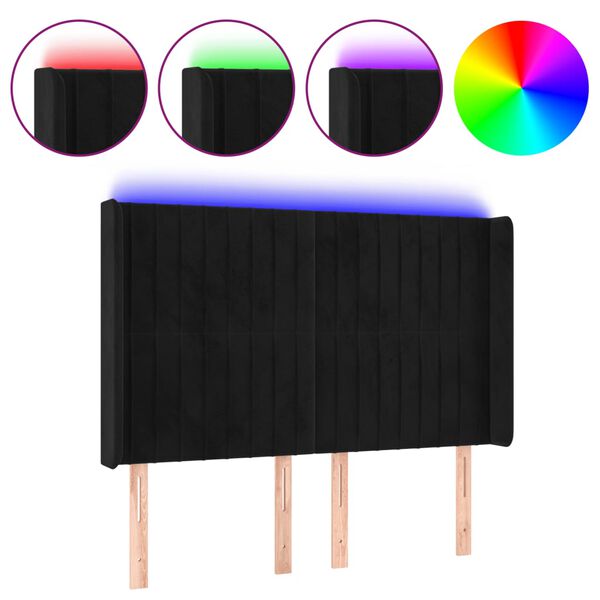 vidaXL LED горна табла за легло, черна, 147x16x118/128 см, кадифе