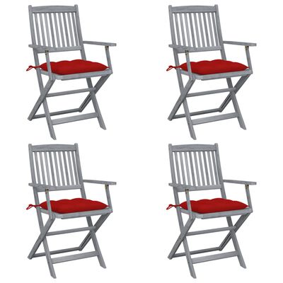 vidaXL Сгъваеми градински столове, 4 бр, възглавници, акация масив