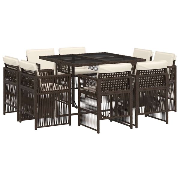 vidaXL Градински трапезен комплект възглавници 9 части кафяв полиратан
