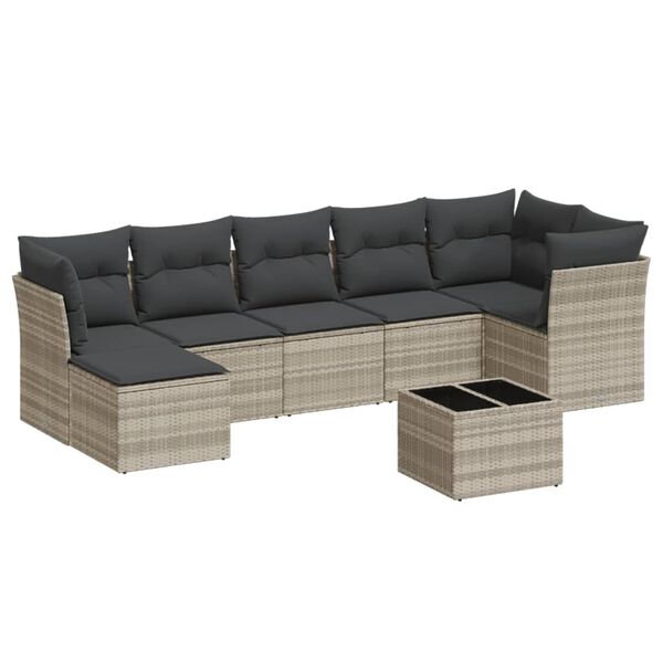 vidaXL Градински комплект с възглавници, 8 части, светлосив полиратан