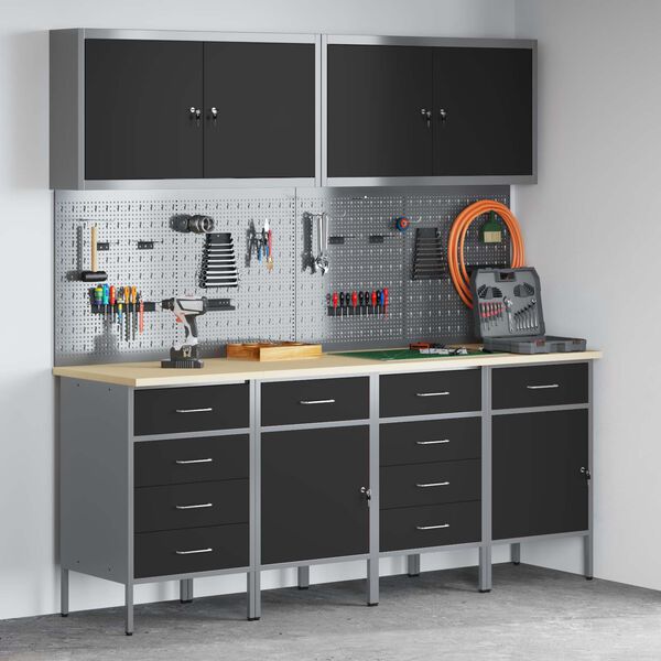 vidaXL Работен кабинет 10 pcs Черно Инженерна дървесина и стомана