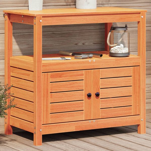 vidaXL Маса за разсаждане с рафтове кафява 82,5x45x81 см бор масив