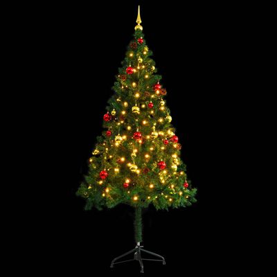vidaXL Изкуствена готова осветена коледна елха с топки зелена 180 см