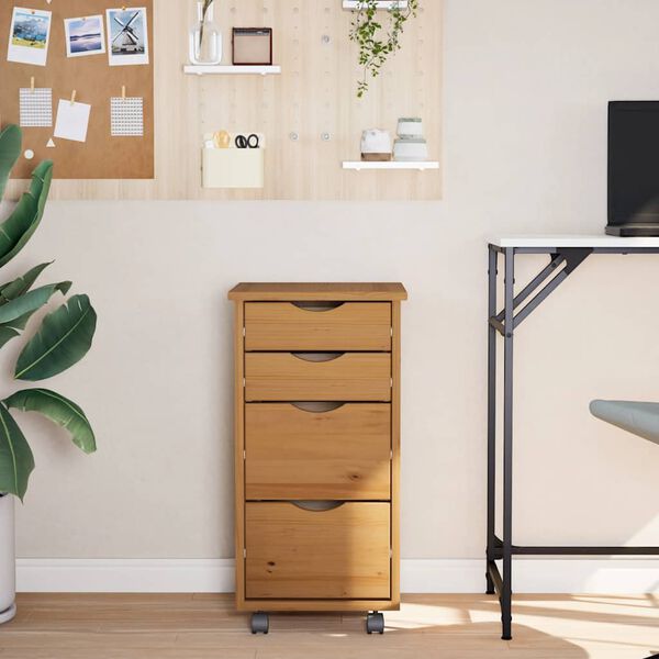 vidaXL Шкаф с чекмеджета на колелца MOSS, меденокафяв, бор масив