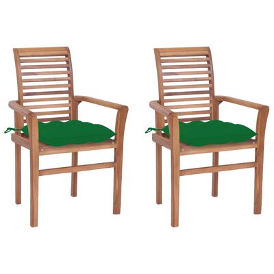 vidaXL Трапезни столове 2 бр зелени възглавници тиково дърво масив