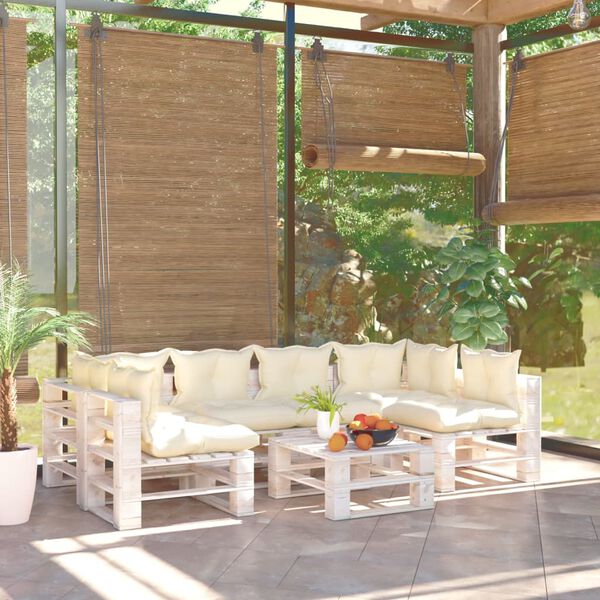 vidaXL Градински палетен лаундж комплект с възглавници, 7 части, бор