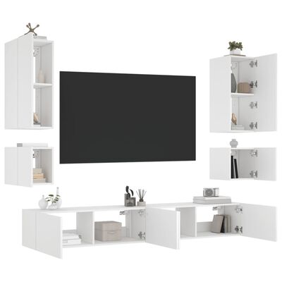 vidaXL ТВ стенни шкафове, 6 части, с LED светлини, бели
