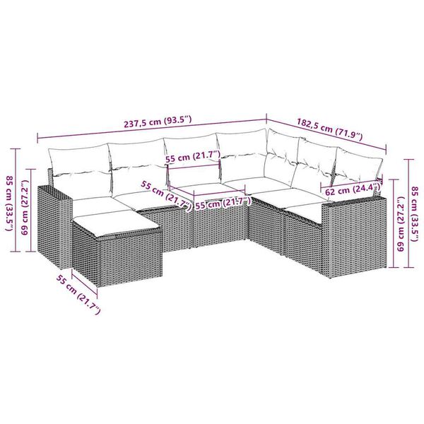 vidaXL Градински комплект с възглавници, 7 части, кафяв, полиратан