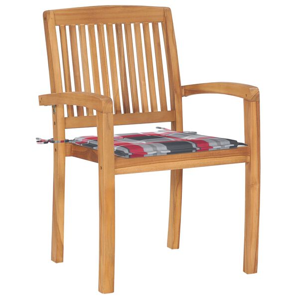 vidaXL Градински столове, 2 бр, възглавници на червено каре, тик масив