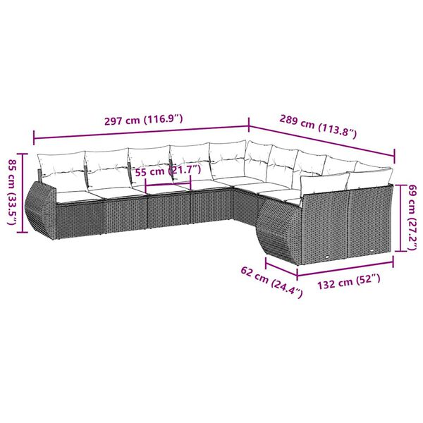 vidaXL Градински комплект с възглавници, 10 части, светлосив полиратан