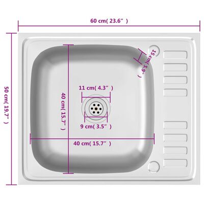 vidaXL Кухненска мивка с отцедник, сребриста, 500x600x155 мм, инокс