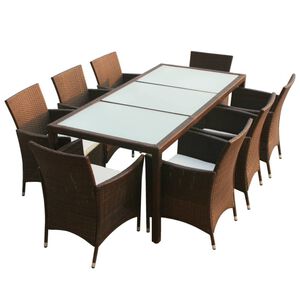 vidaXL Градински комплект с възглавници, 9 части, кафяв полиратан