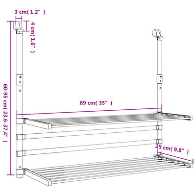 vidaXL Сушилник за балкон, 89x25x(60-95) см, алуминий