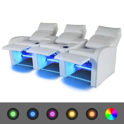 vidaXL LED диван реклайнер, 3-местен, изкуствена кожа, бял