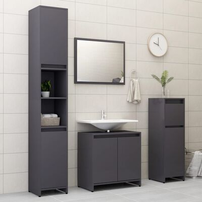 vidaXL Шкаф за баня, сив гланц, 30x30x95 см, ПДЧ