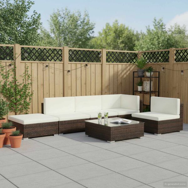 vidaXL Градински комплект с възглавници, 6 части, кафяв полиратан