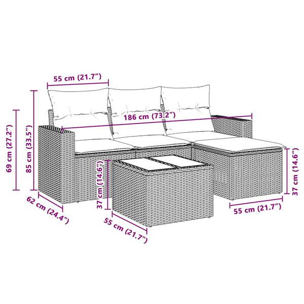 vidaXL Градински комплект с възглавници, 5 части, светлосив полиратан