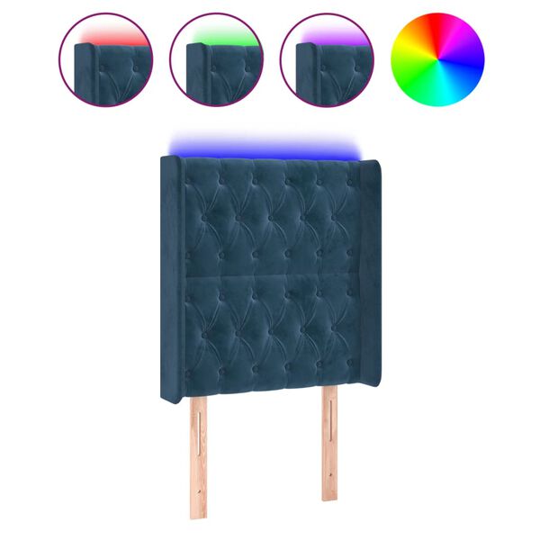 vidaXL LED горна табла за легло, тъмносиня, 83x16x118/128 см, кадифе