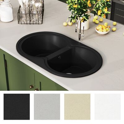 vidaXL Кухненска мивка с двойно корито, овална, черна, гранит