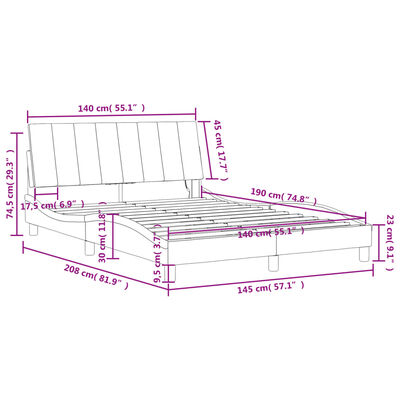 vidaXL Рамка за легло с LED осветление, тъмносива, 140x190 см, кадифе