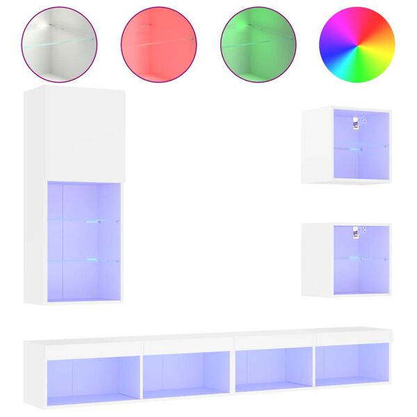 vidaXL ТВ стенни модули с LED, 5 части, бели, инженерно дърво