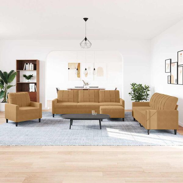 vidaXL Комплект дивани от 4 части с възглавници, кафяв, кадифе