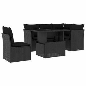 vidaXL Градински диван с възглавници, 6 части, черен, полиратан