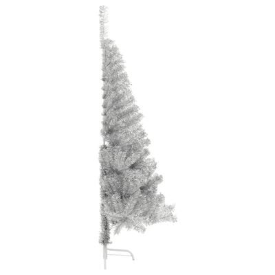 vidaXL Изкуствена половин коледна елха със стойка, сребро, 150 см, PET