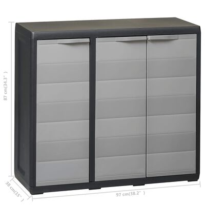 vidaXL Градински шкаф за съхранение с 2 рафта, черно и сиво
