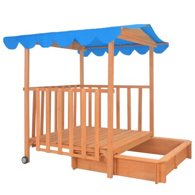 vidaXL Детска къща за игра с пясъчник, чамова дървесина, синя, UV50