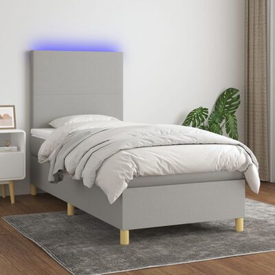 vidaXL Боксспринг легло с матрак и LED, светлосиво, 100x200 см, плат