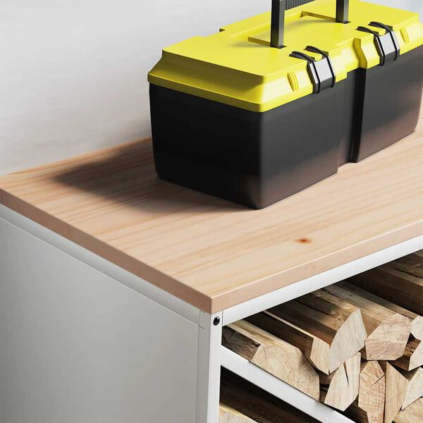 vidaXL Стойка за дърва за огрев с дървен плот, бяла 100,5x35,5x40 см