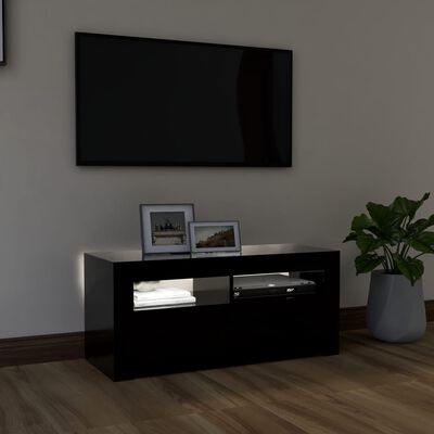 vidaXL ТВ шкаф с LED осветление, черен, 90x35x40 см