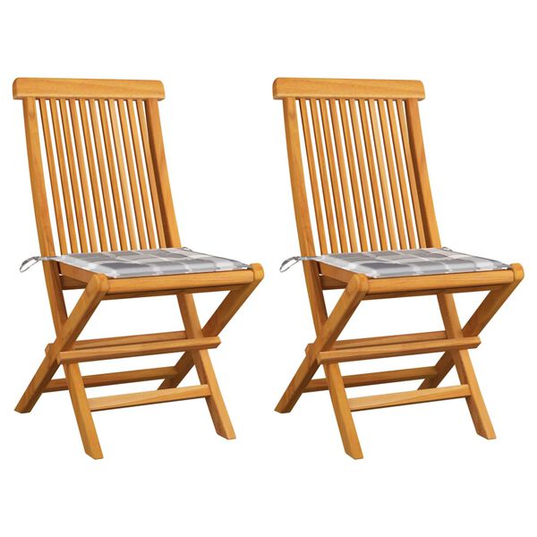 vidaXL Градински столове с възглавници сиво каре 2 бр тик масив