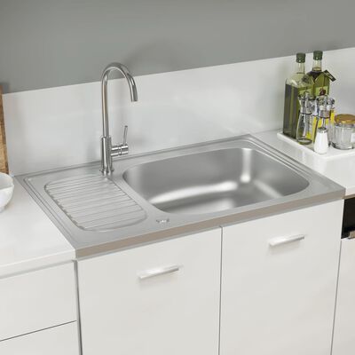 vidaXL Кухненска мивка с отцедник, сребристо, 800x500x155 мм, инокс