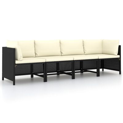 vidaXL 4-местен градински диван с възглавници, черен, полиратан