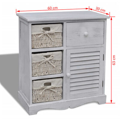 vidaXL Дървен шкаф, 3 тъкани кошници отляво, бял