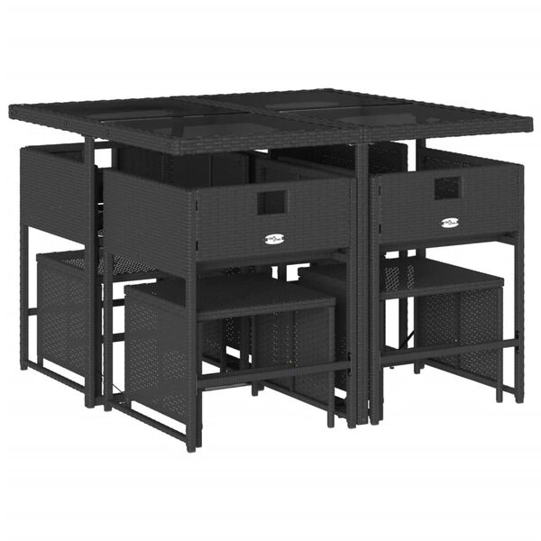 vidaXL Градински трапезен комплект възглавници 9 части черен полиратан