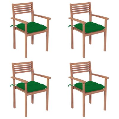 vidaXL Градински столове, 4 бр, зелени възглавници, тиково дърво масив
