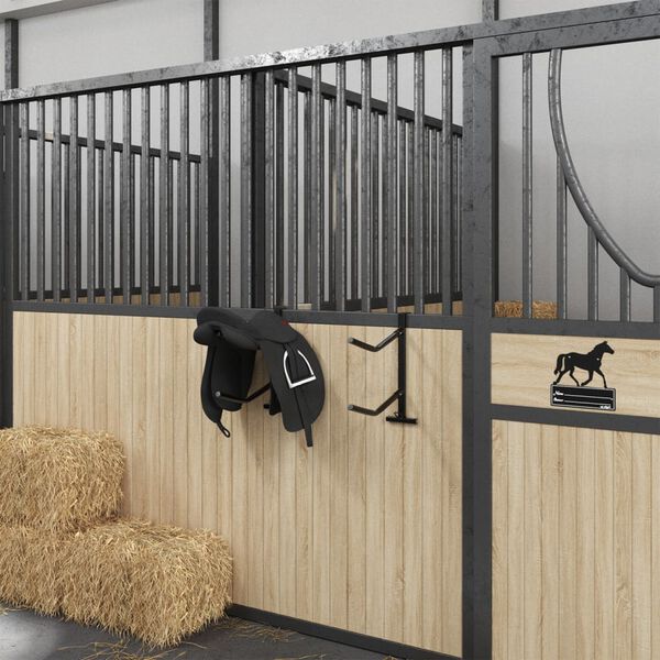 vidaXL Стойка за седло с кука за юзда преносим черен желязо две рамена