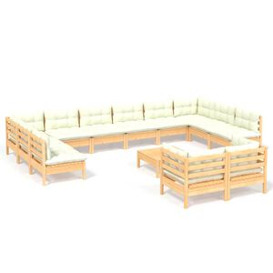 vidaXL Градински лаундж комплект с кремави възглавници, 13 части, бор