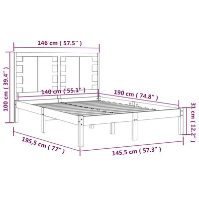 vidaXL Рамка за легло, сива, бор масив, 140x190 см